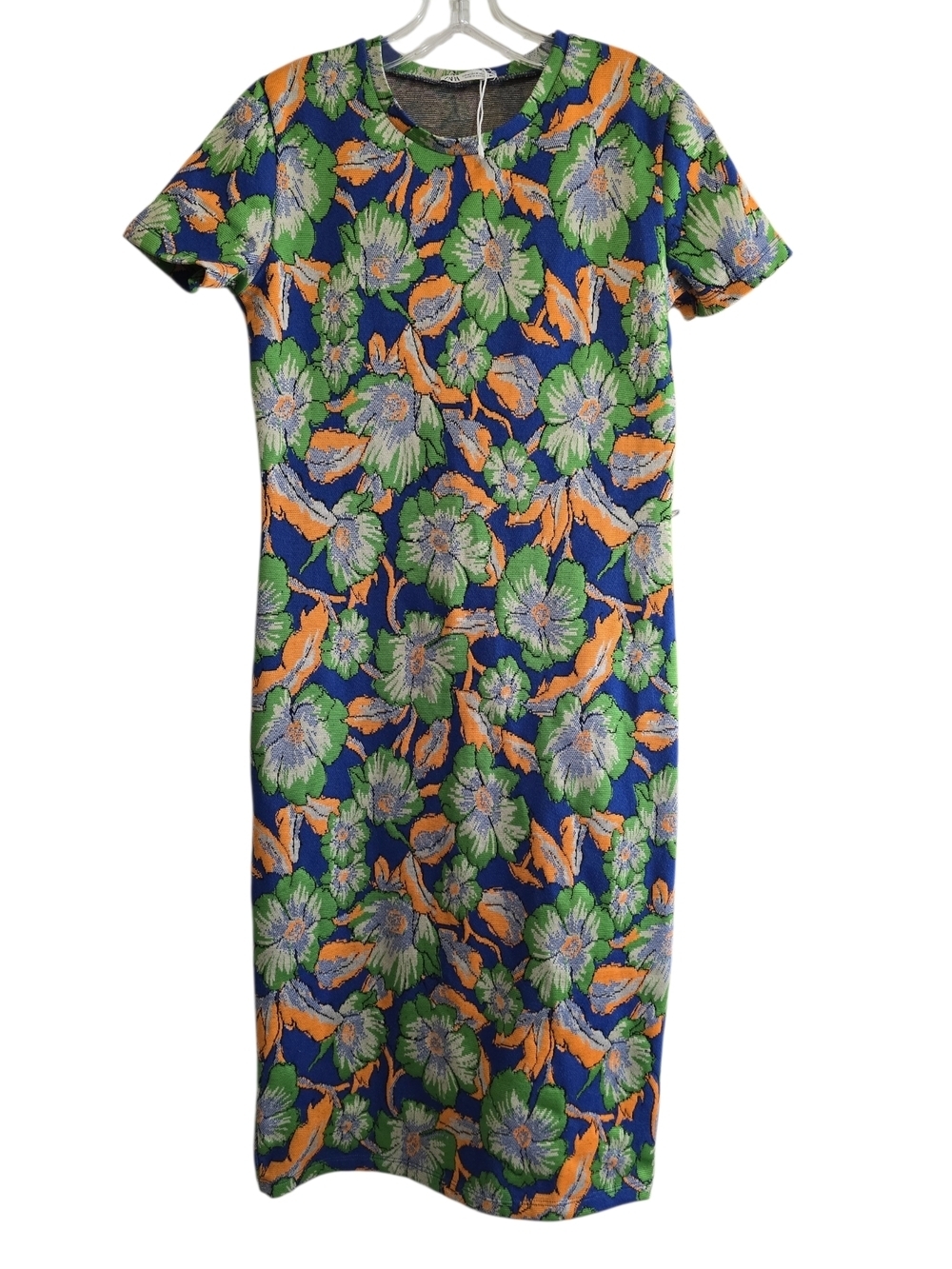 NWOT Zara Retro 70s Floral Knit Midi Dress Medium Pullover No Belt Blue Green
